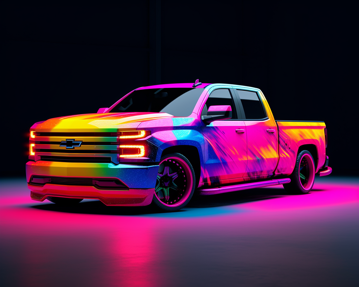 Chopped Chevy Silverado with vibrant neon paint job