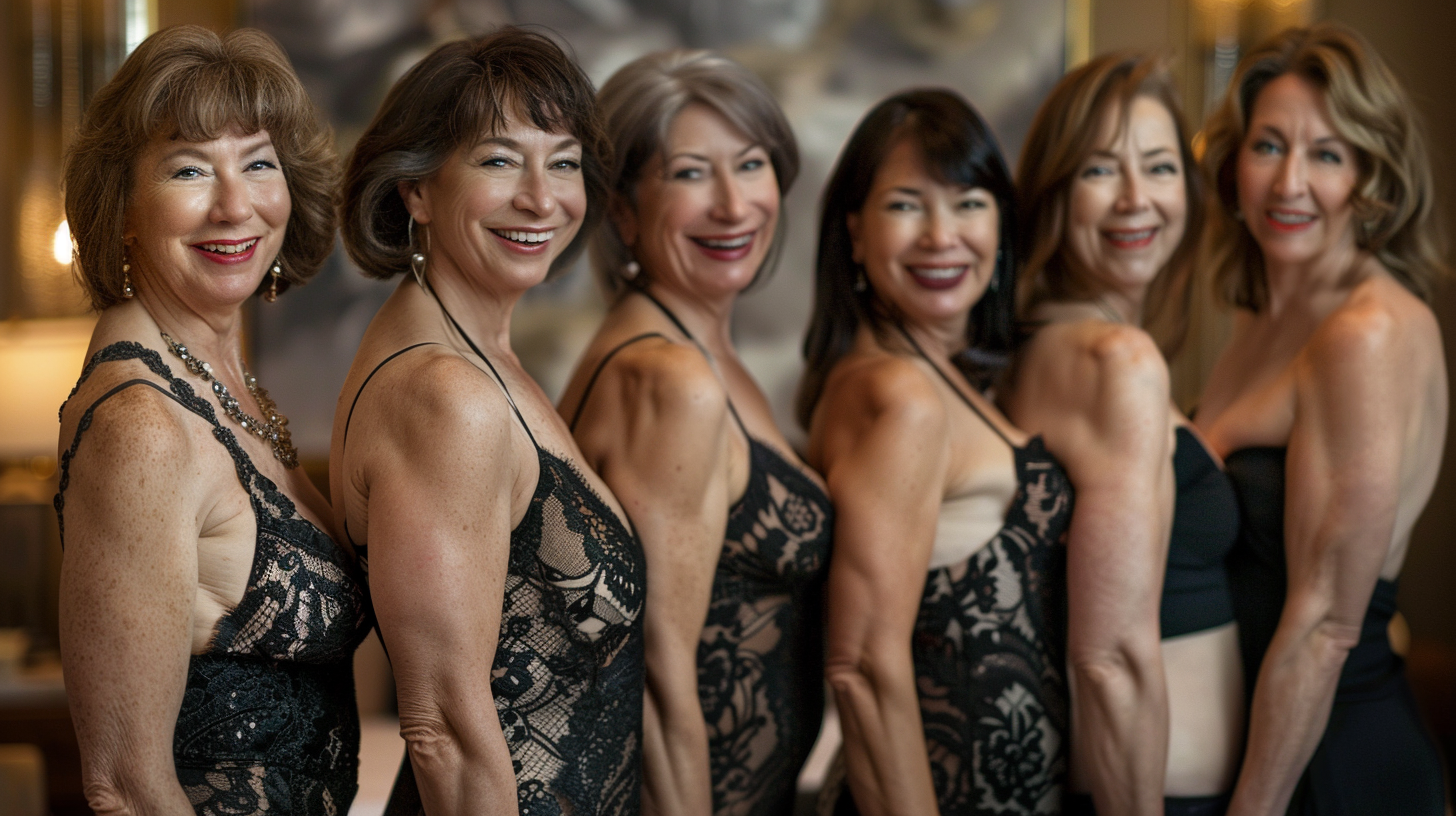 Seven brunette women in chorus line