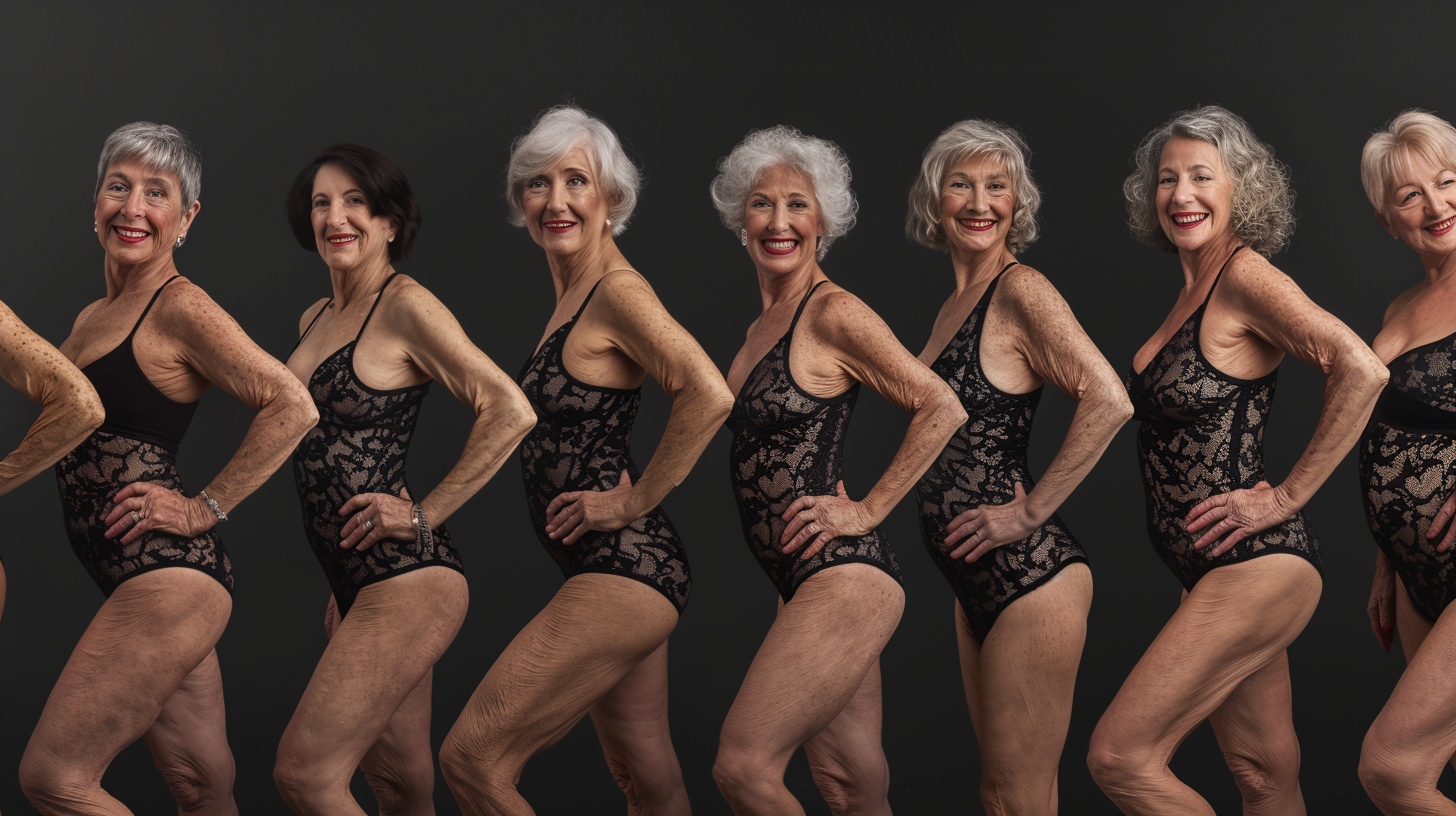 Seven women in swimsuits smiling