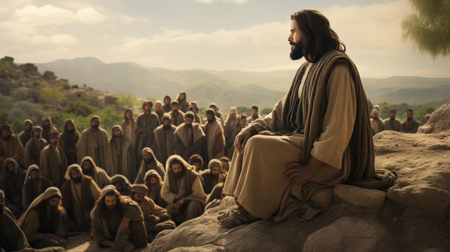 Cinematic scene of Jesus preaching the Sermon on the Mount