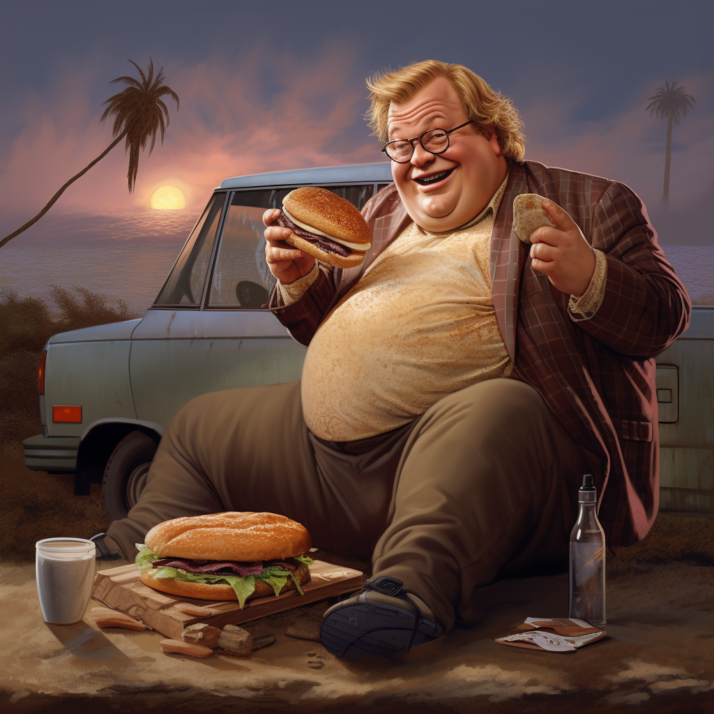 Chris Farley as Matt Folley enjoying a pulled pork sandwich