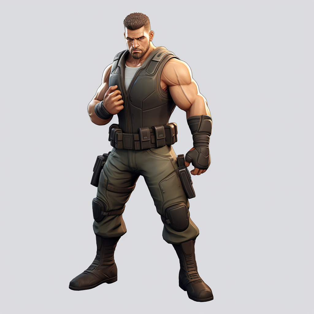 Muscular Chris Redfield in intense Fortnite animation