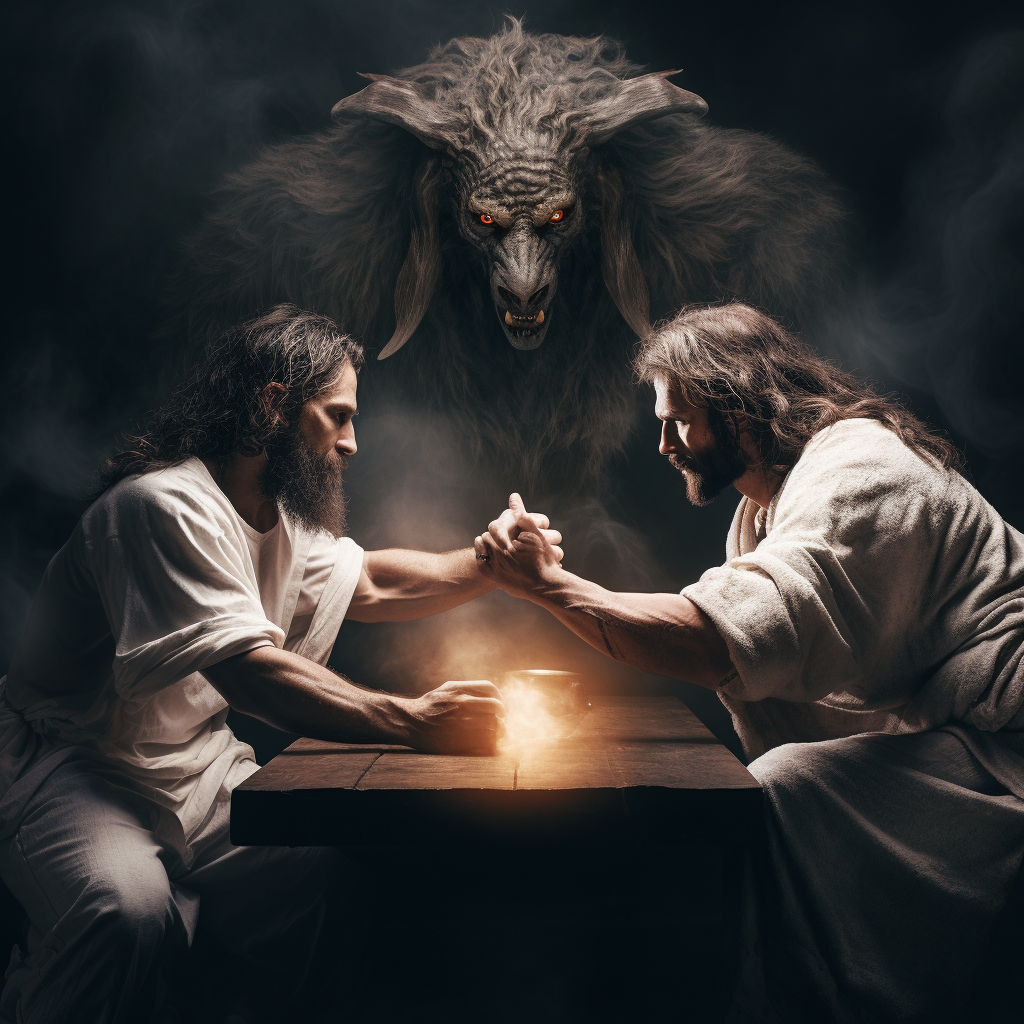 Christ arm wrestling devil in epic battle