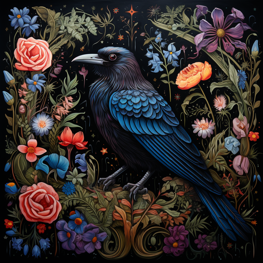 Raven with Flowers, Bugs, and Bones