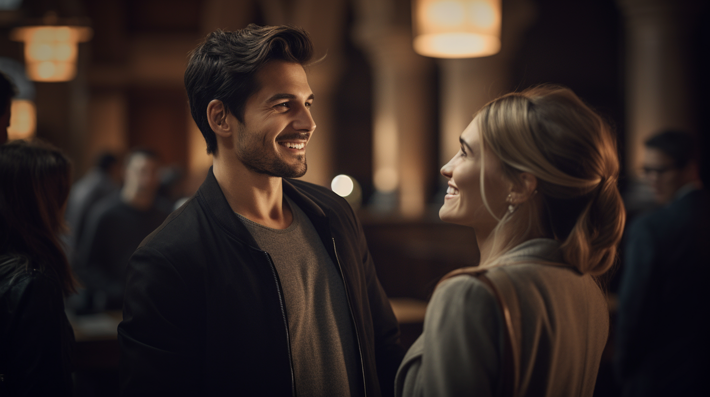 Christian friends talking and smiling at church lobby