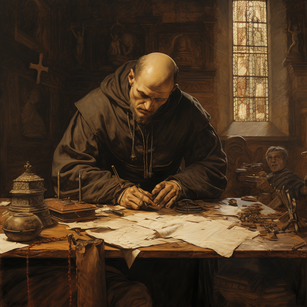 Christian monk at writing desk disappointed