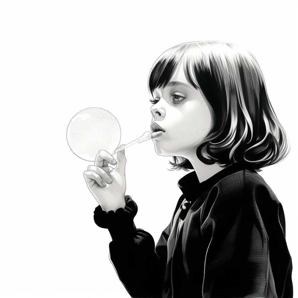 line art illustration of Christina Ricci blowing bubbles