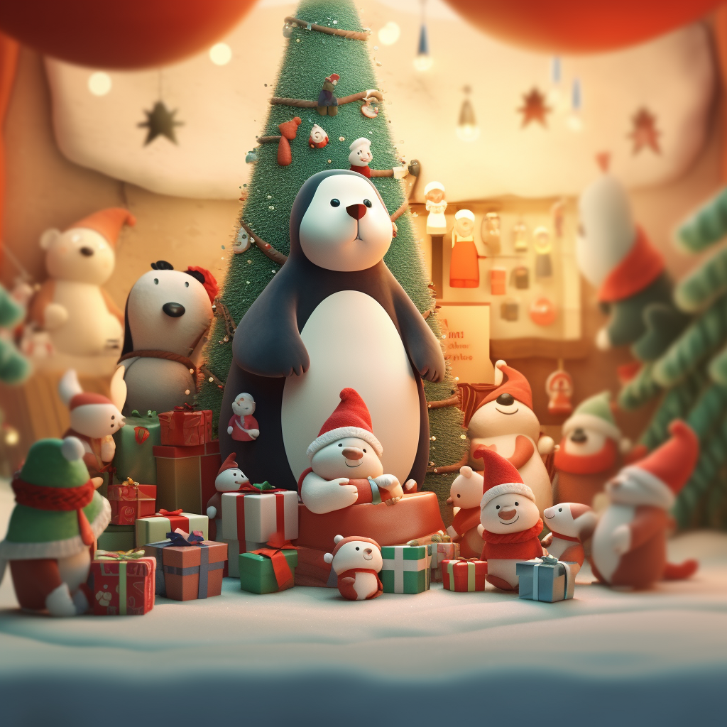 Cute Christmas animal characters by the tree