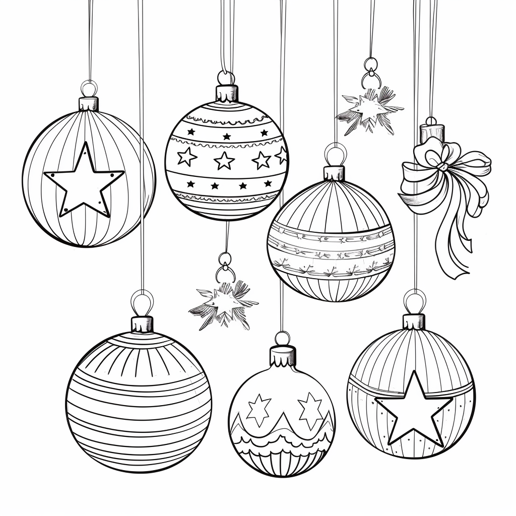 Cartoon black and white line drawing of Christmas baubles