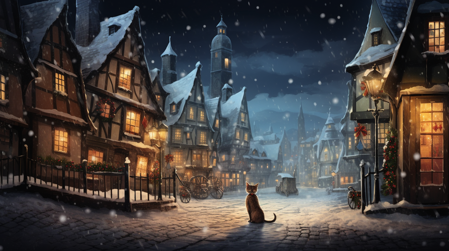 Cute Christmas cat in snowy village