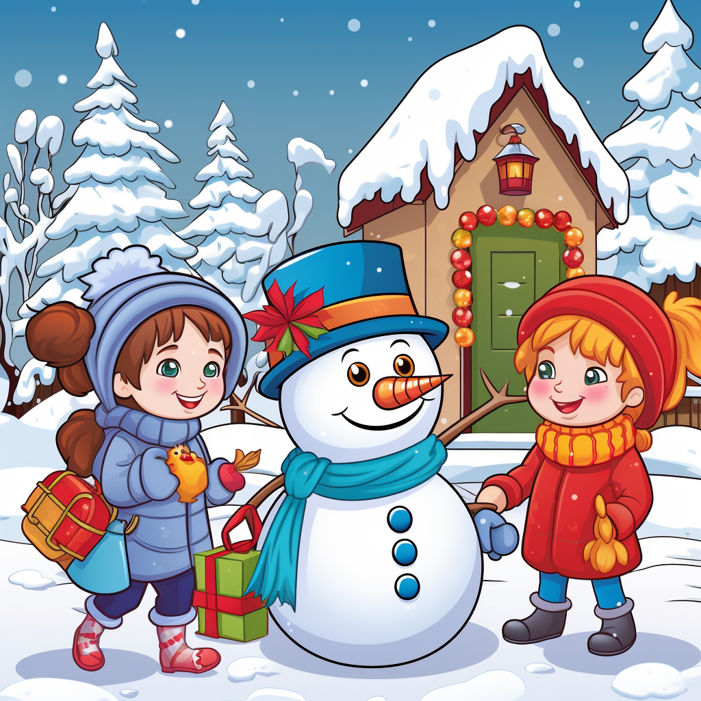 Children playing with snowman in Christmas coloring book