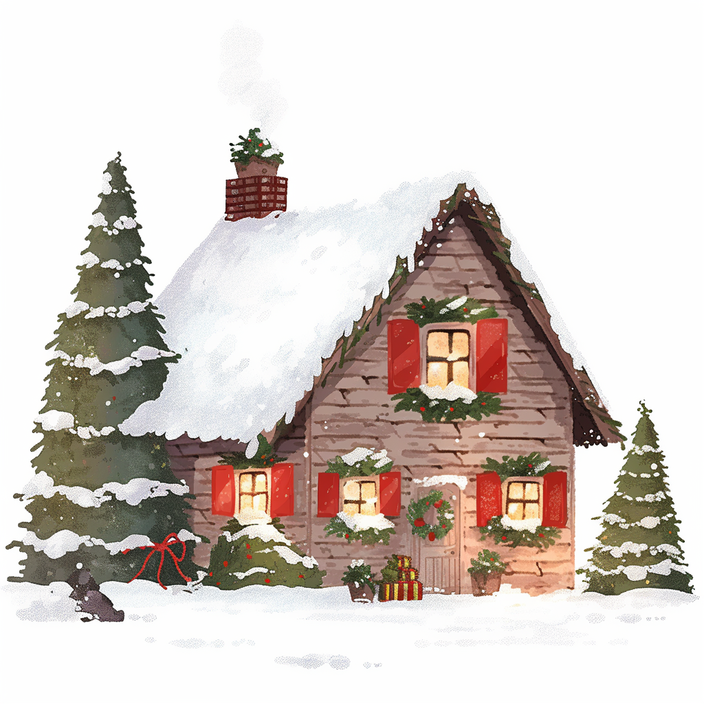 Cute laughing Christmas cottage illustration