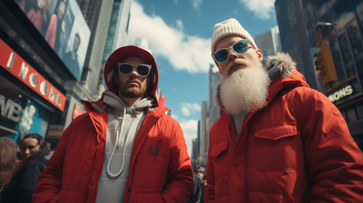 Quirky characters in Christmas attire exploring downtown NYC