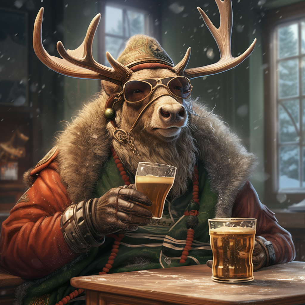 Elk enjoying beer in cyberpunk style