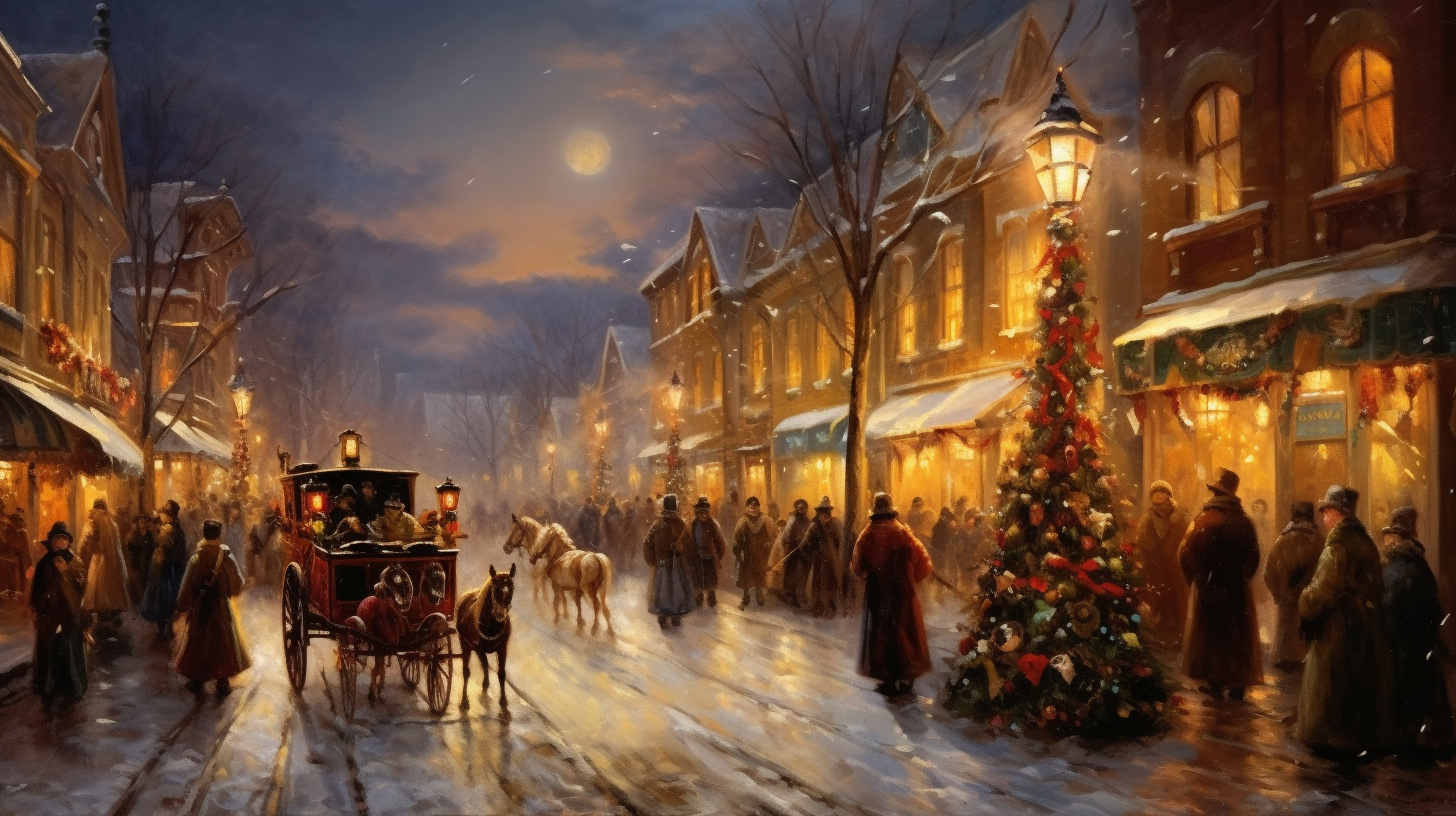 Oil painting of snowy Christmas Eve