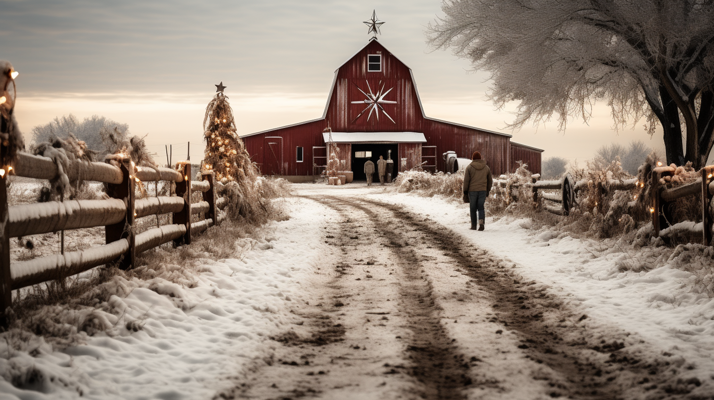 Snowy Farm with Animals and Holiday Decorations