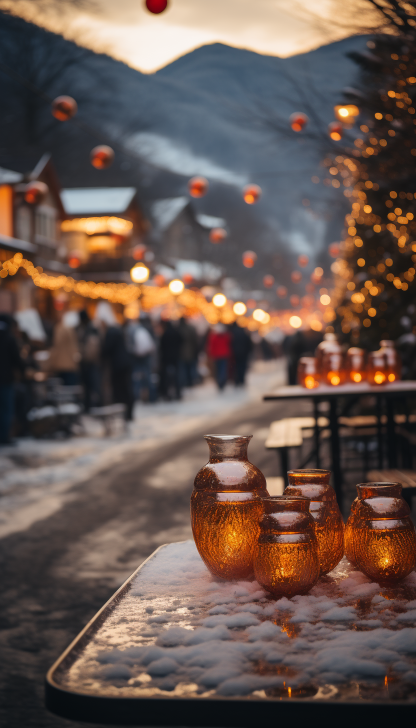 Beautiful sunset scenery at outdoor Christmas festival