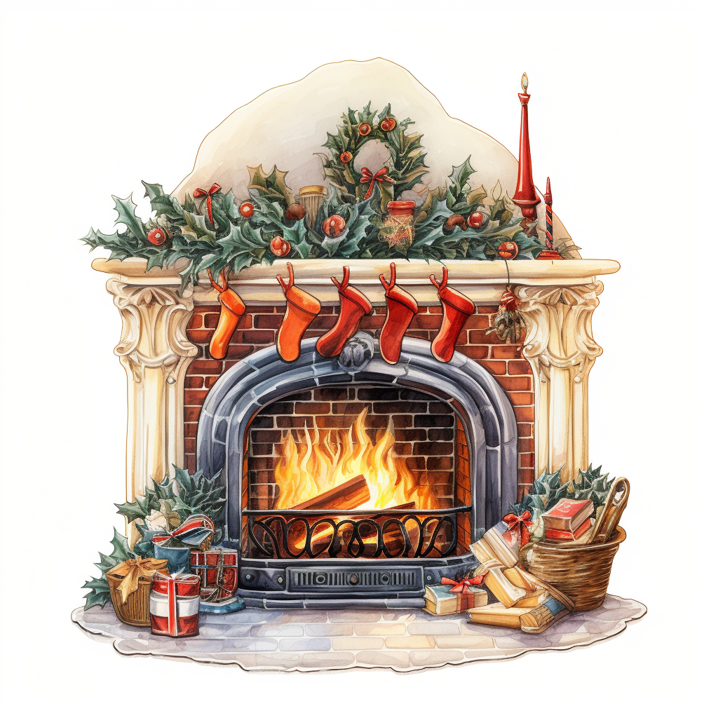 Detailed 1950s Watercolor Christmas Fireplace Sticker