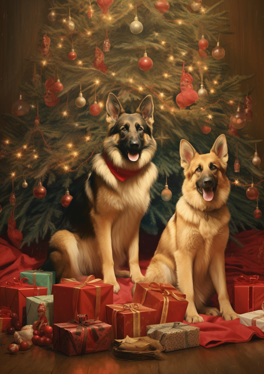 German Shepherds near Christmas Tree