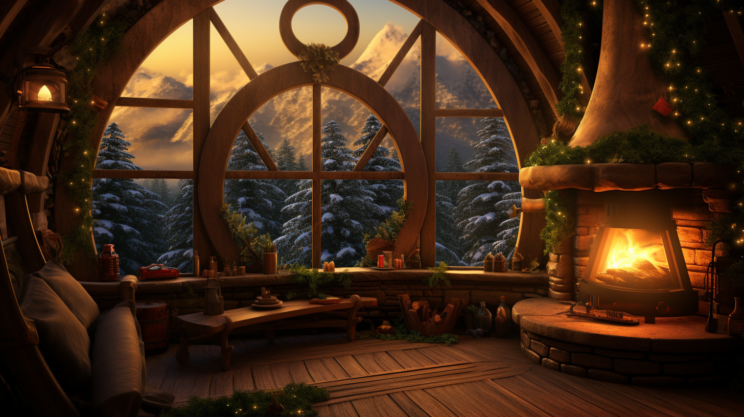 Cozy Christmas hobbit house with fireplace and tree