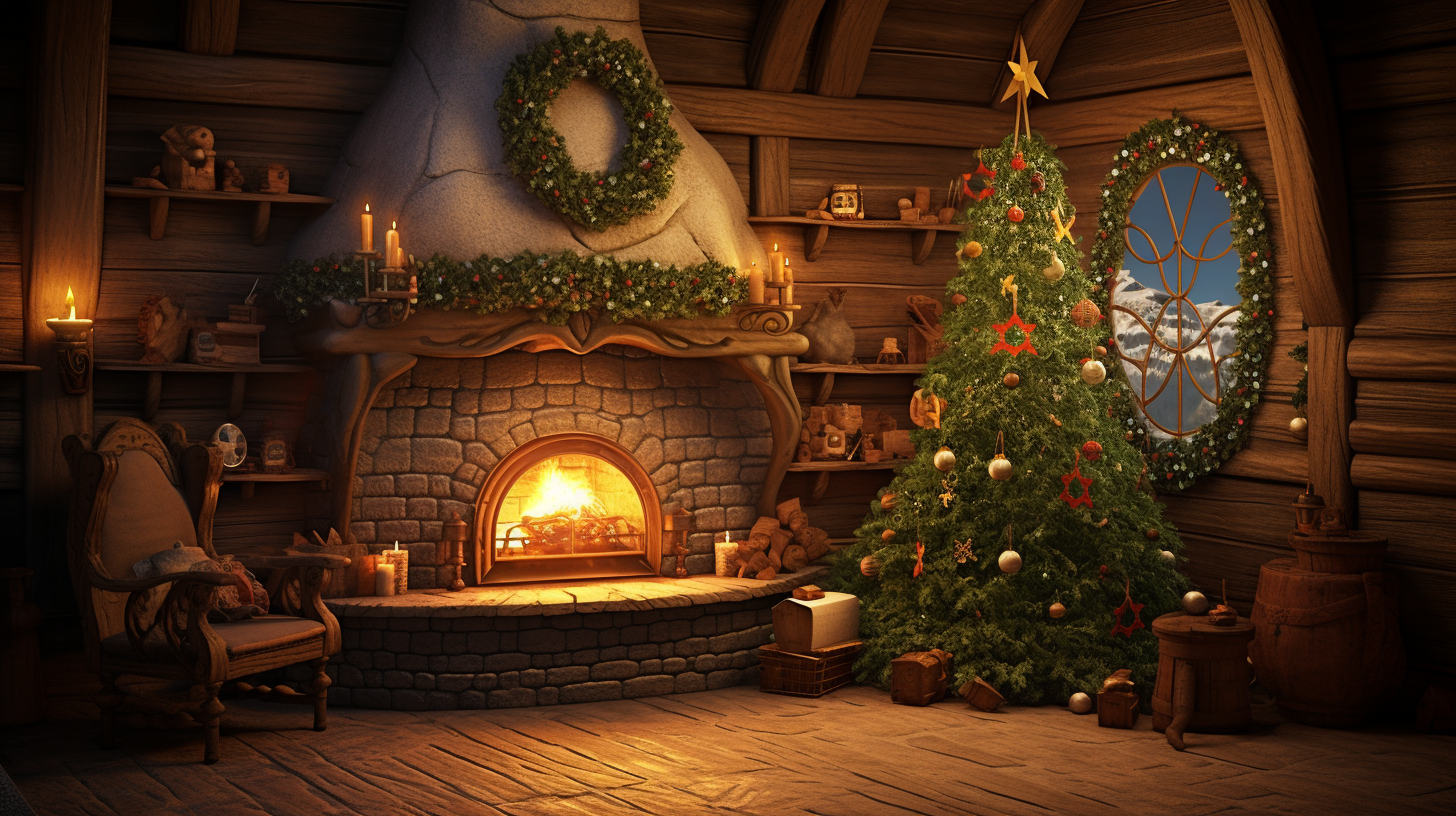 Christmas Hobbit House Interior with Fireplace