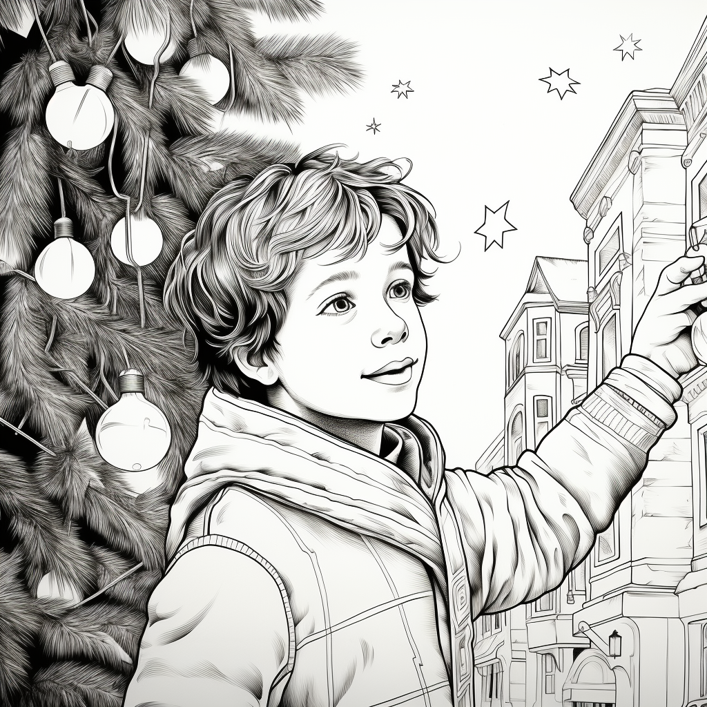 Detailed black line Christmas lights coloring page