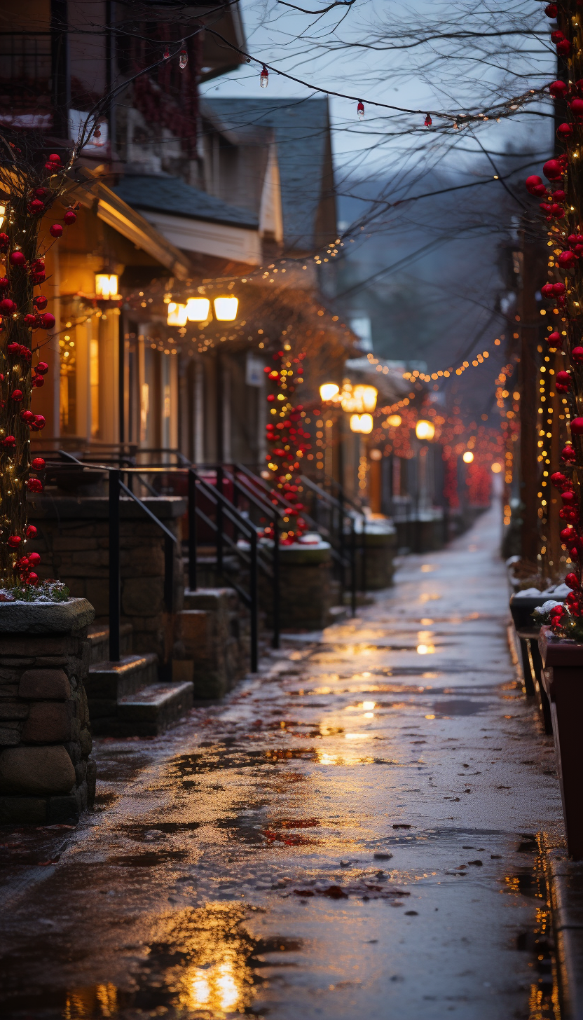 Flashing Christmas lights in mountain village