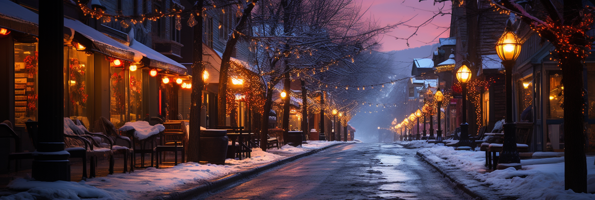 Christmas lights in a snowy mountain village