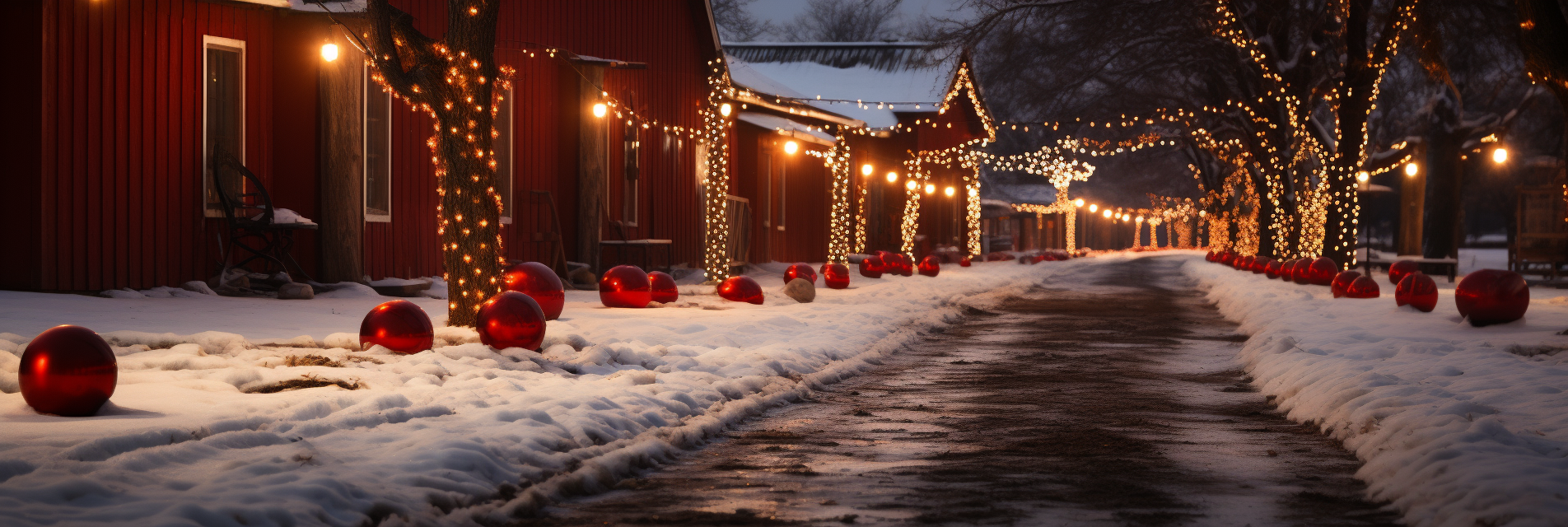 Red barn with Christmas lights