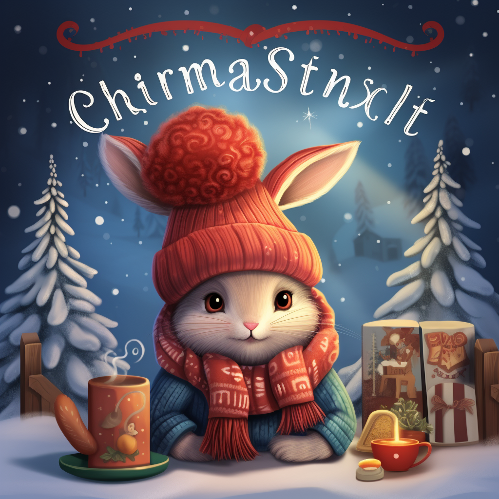 Cute rabbit in winter hat and scarf surrounded by holiday decorations