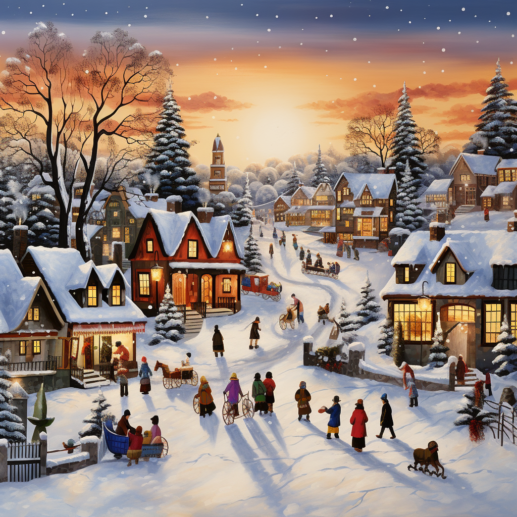 Christmas morning village scene with people and snow blowing