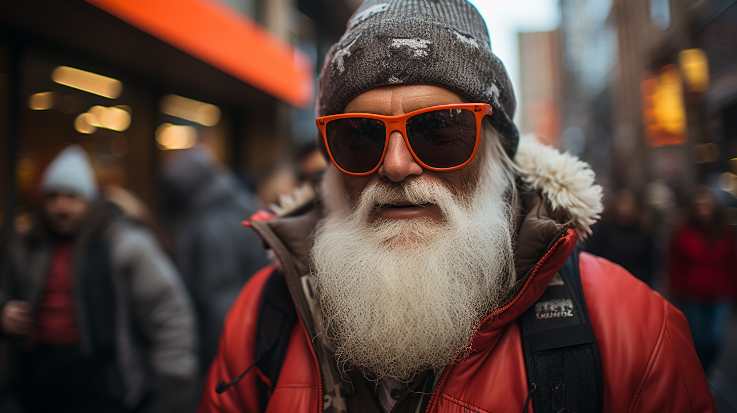 Eccentric characters dressed in Christmas attire in the mountains