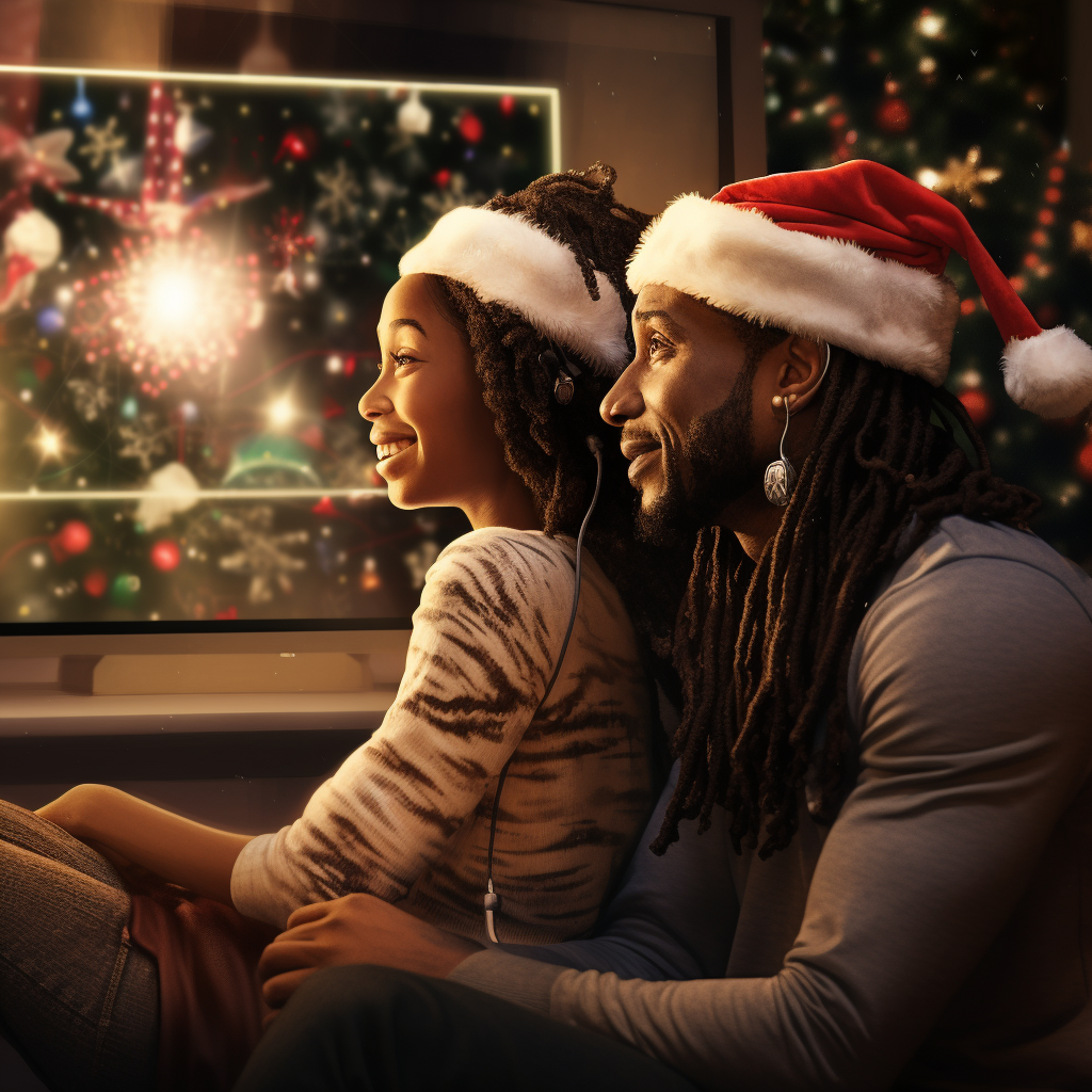 Smiling black couple enjoying Christmas movie night