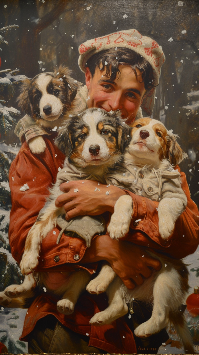 Christmas puppies by Jordan Grimmer, J C Leyendecker, Ivan Shishkin Tropius, American Christmas