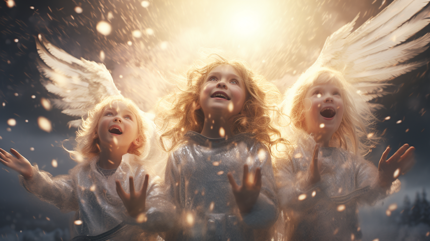 Joyful adult angel choir surrounded by ornate Christmas decorations