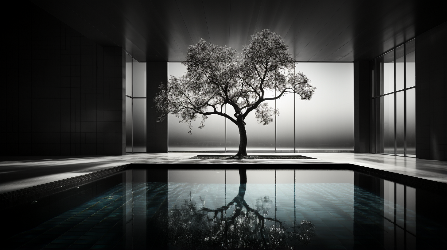 Elegant Christmas Tree Silhouette by Swimming Pool