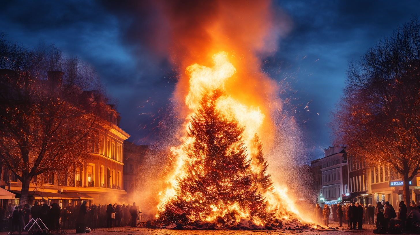 Burning Christmas Tree in Town Square