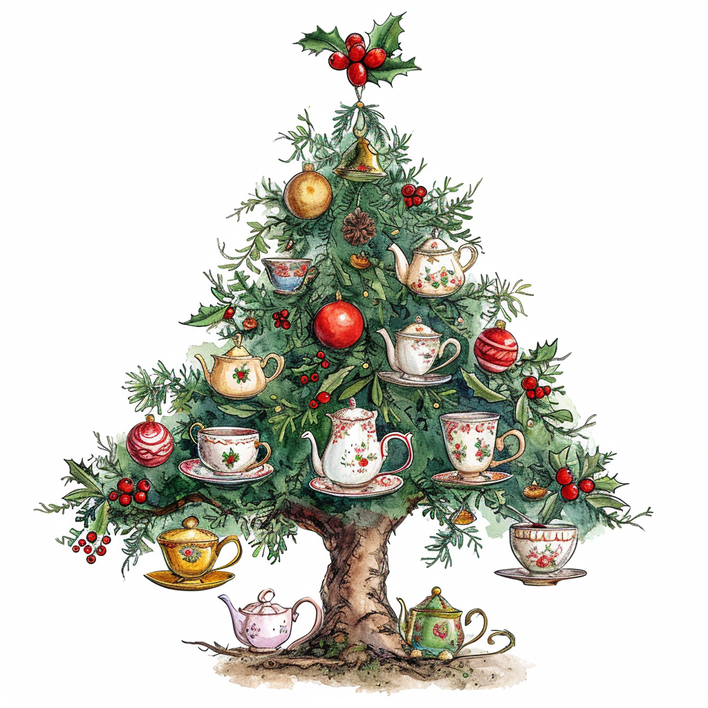 Watercolor Christmas tree with teacups, herbs, and teapots