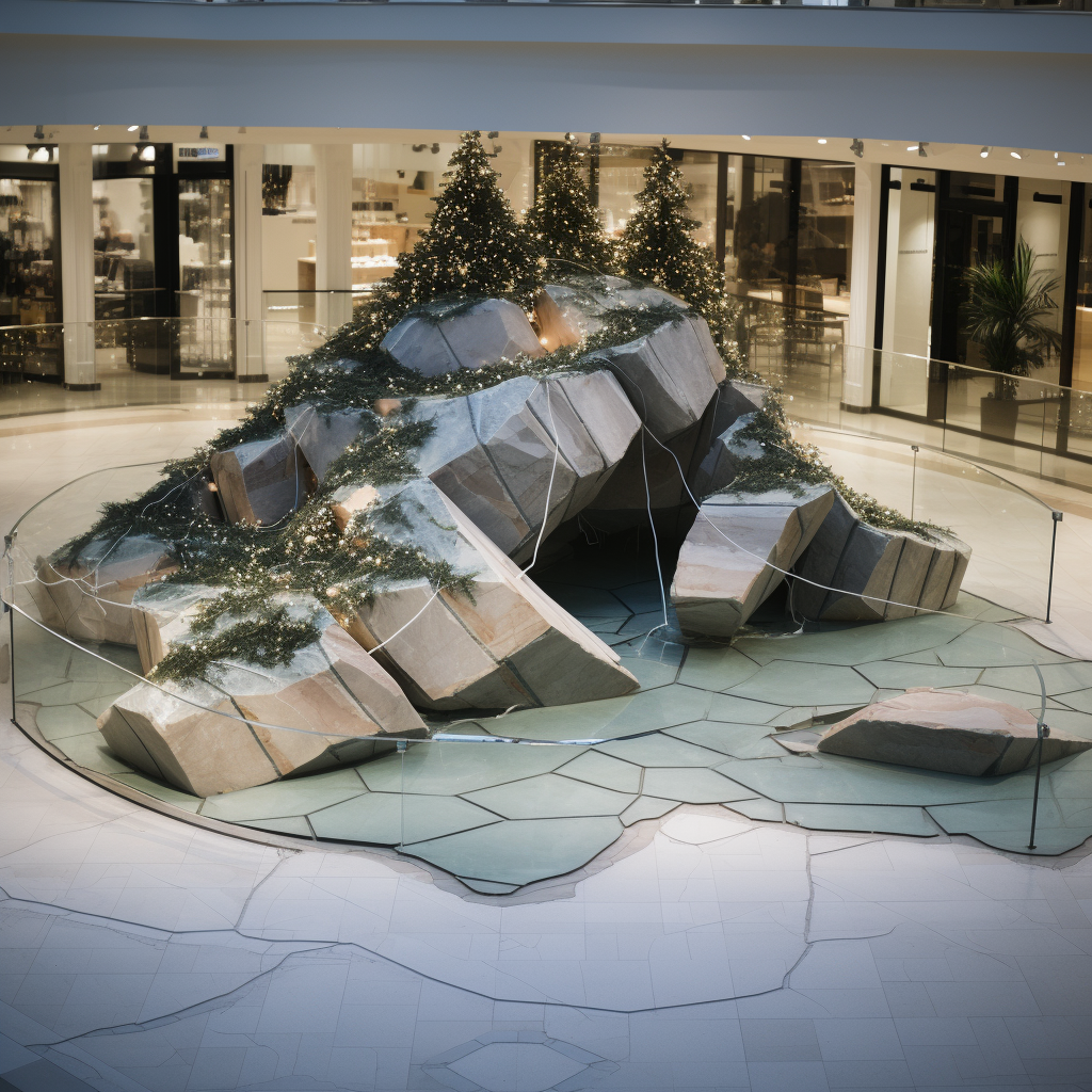 Vibrant Christmas tree breaking through marble floor