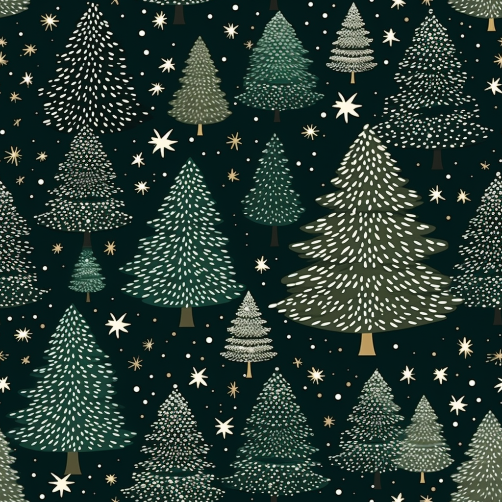 Vintage Christmas-themed seamless pattern with trees and snowflakes