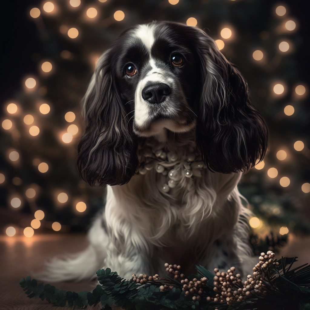 Cocker Spaniel in Festive Dress with Christmas Lights Bouquet