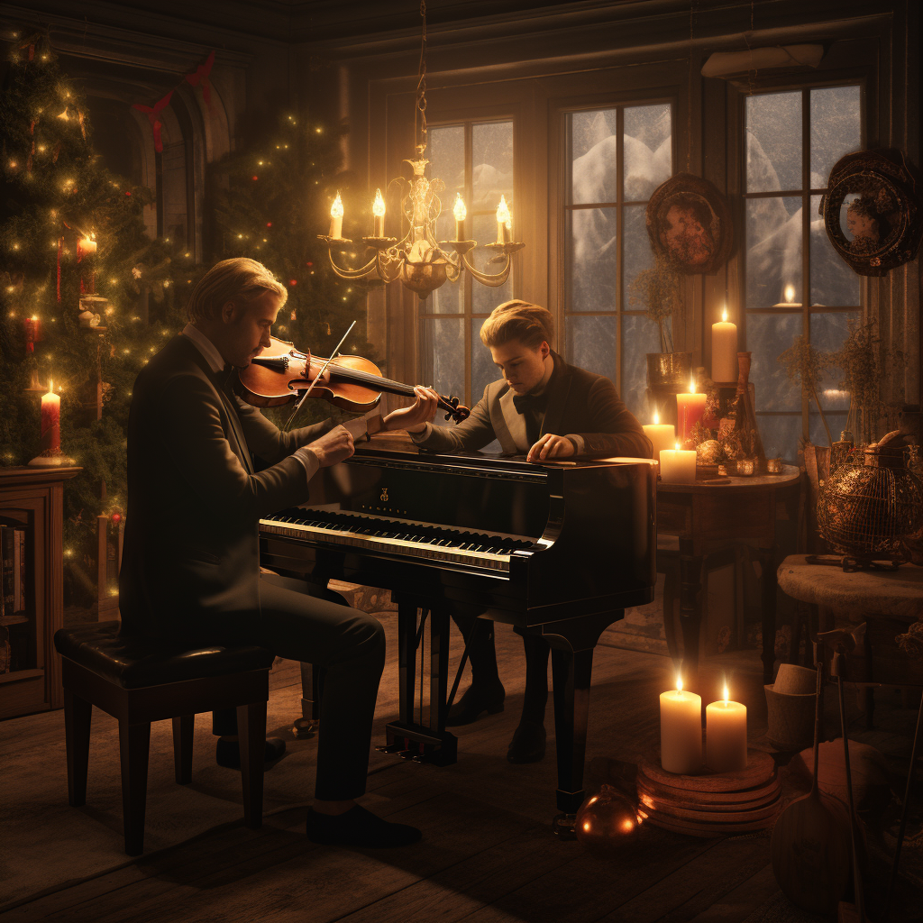 Talented violinist and pianist performing Christmas music