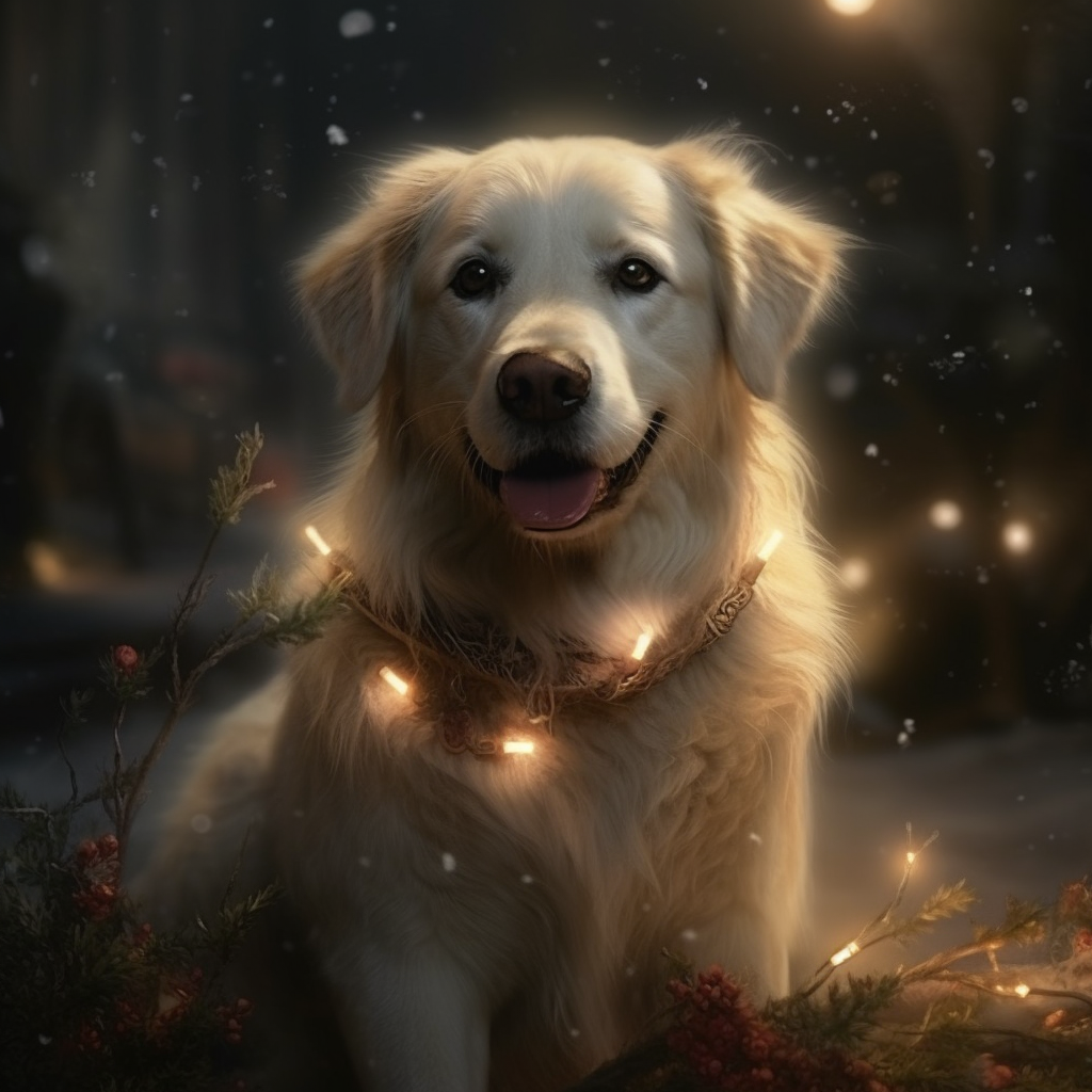 Labrador in Fluffy Dress holding Christmas Lights