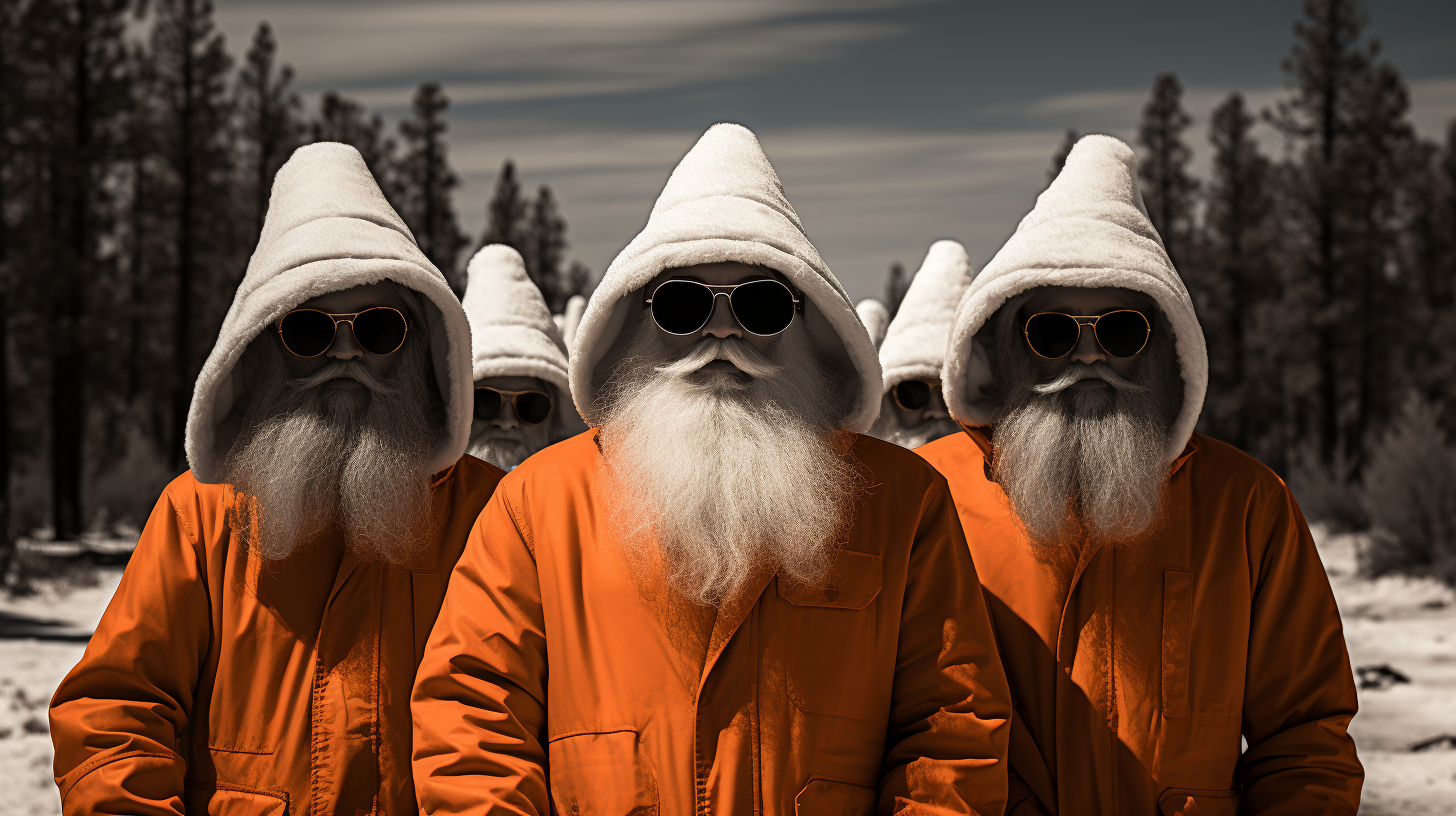 Quirky characters exploring Yellowstone in Christmas attire