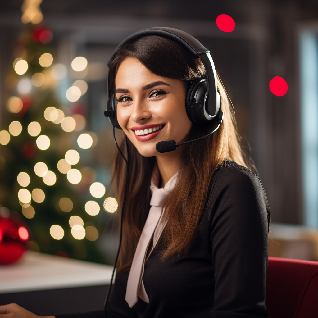 Happy call center agent in Christmas hat