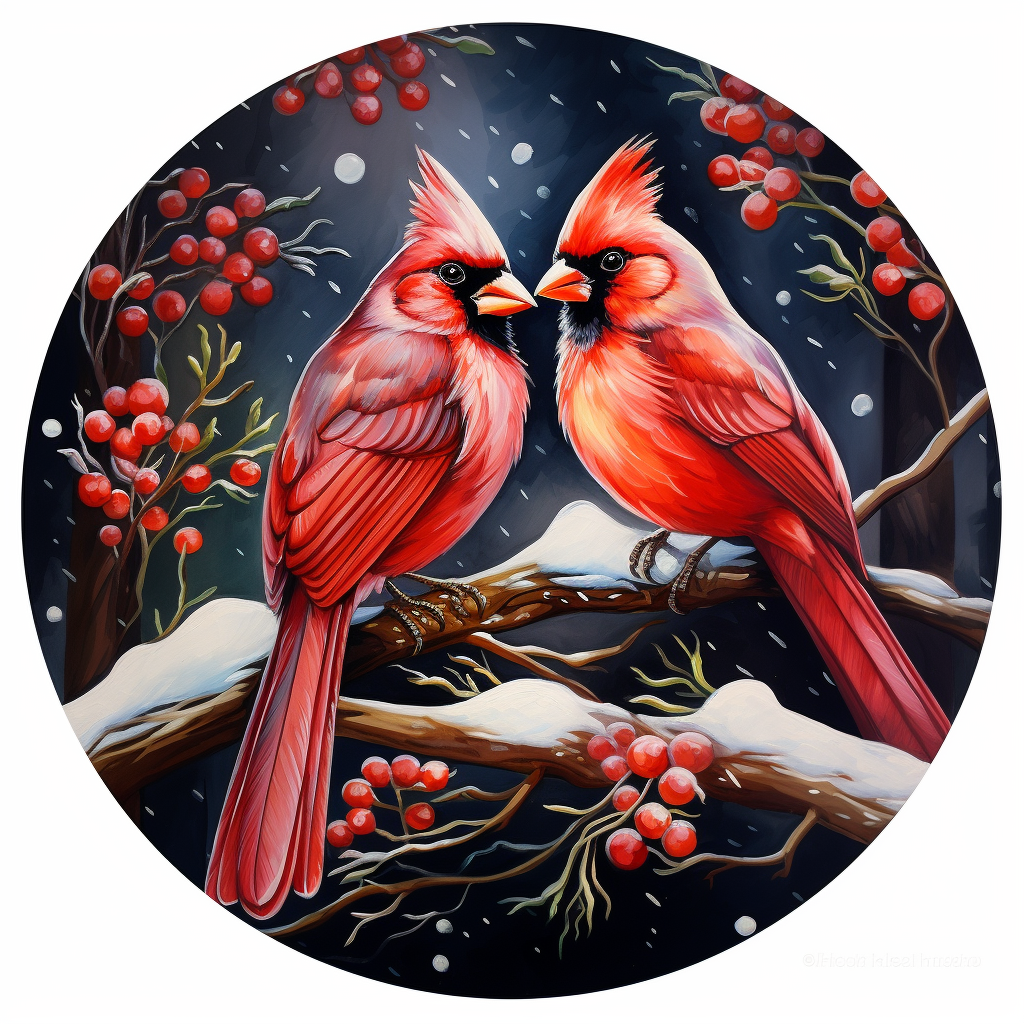 Colorful Christmas cardinals on circular background