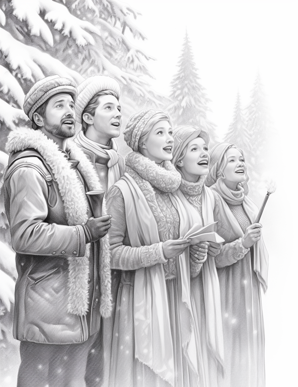 Group of Christmas carolers singing in snowfall