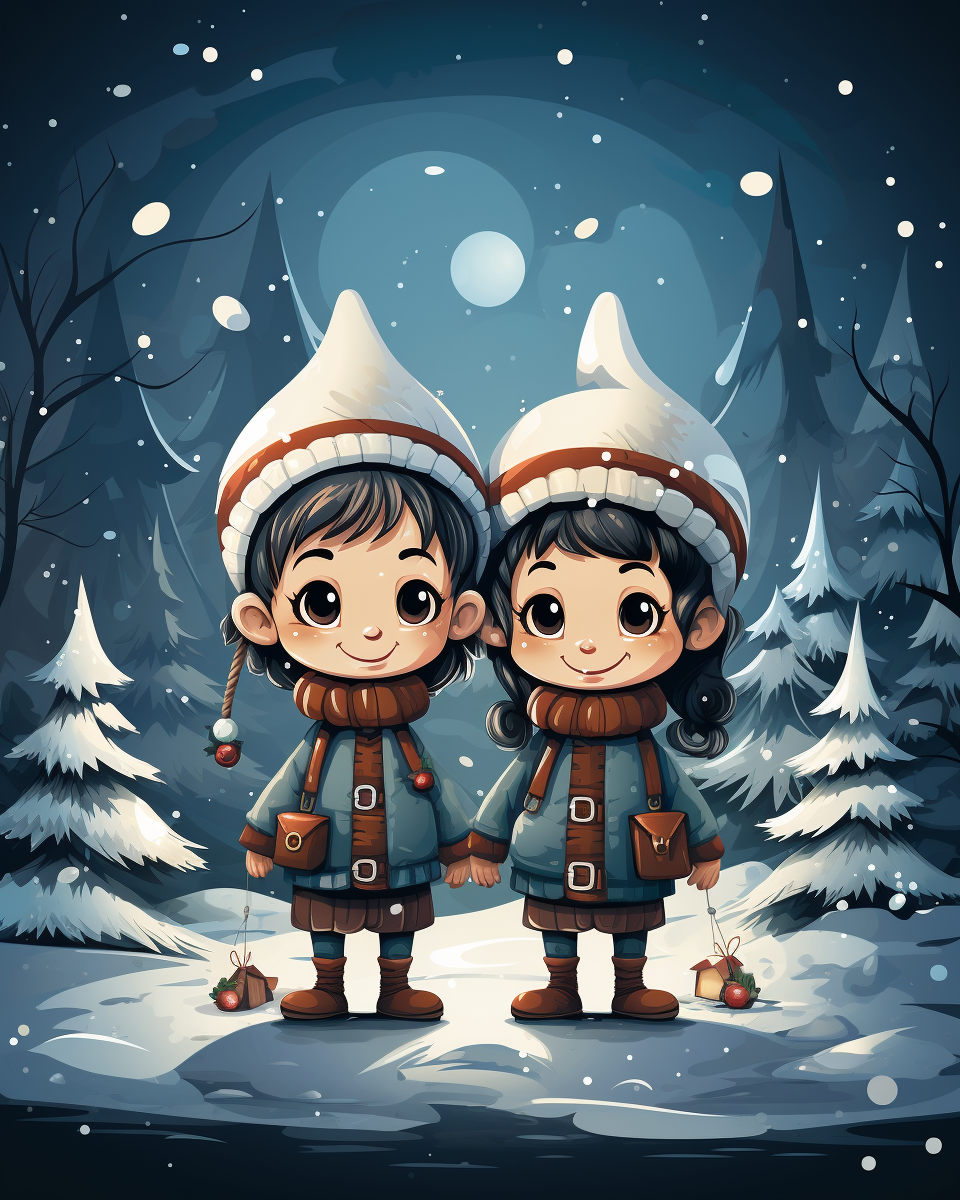 Cute Christmas cartoon elves with festive trees