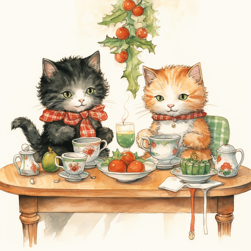 Adorable cats sipping tea in a Victorian cafe