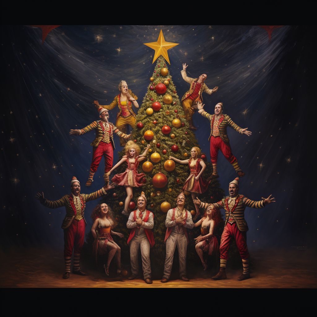 Acrobats performing around a pregnant Christmas tree